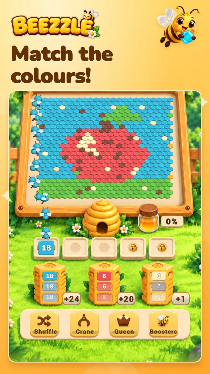 Match the colours! An apple board with the waiting slots and box queue.