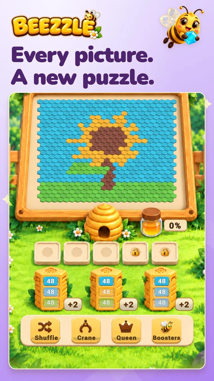 Every picture. A new puzzle. A sunflower board made of hexagonal tiles.