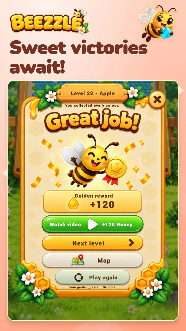 Sweet victories await! The level complete screen with the honey reward.