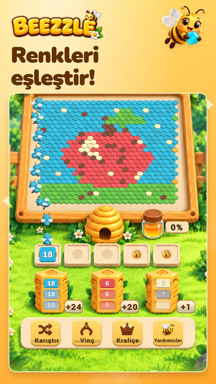 Renkleri eşleştir! Bekleme yerleri ve kutu sırasıyla elma tahtası.