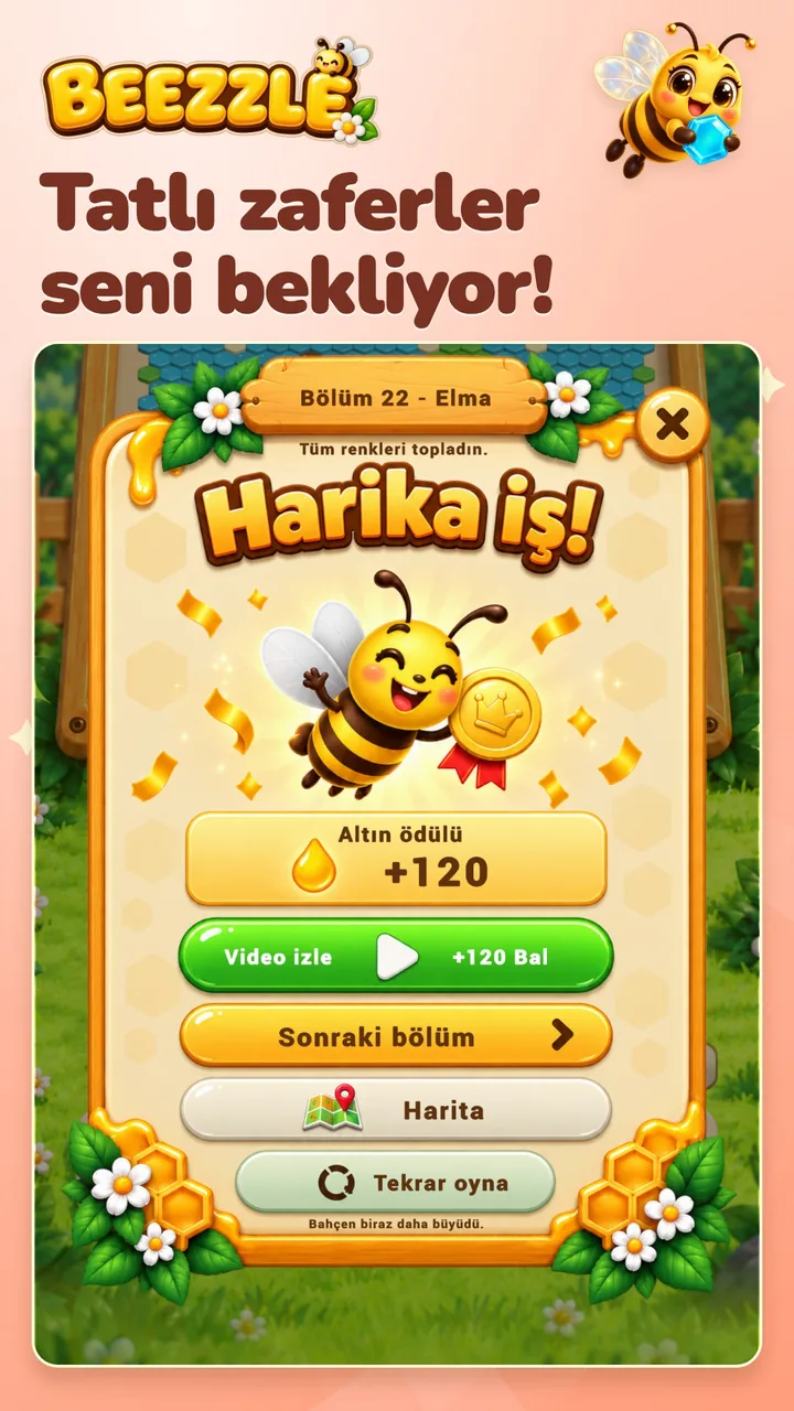 Tatlı zaferler seni bekliyor! Bal ödüllü bölüm tamamlama ekranı.