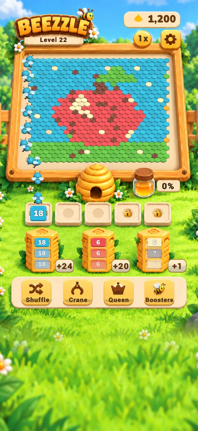 Beezzle gameplay: an apple picture made of hexagonal tiles, the waiting slots and the box queue