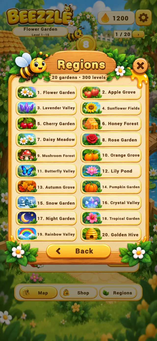 The Regions list: 20 gardens and 300 levels