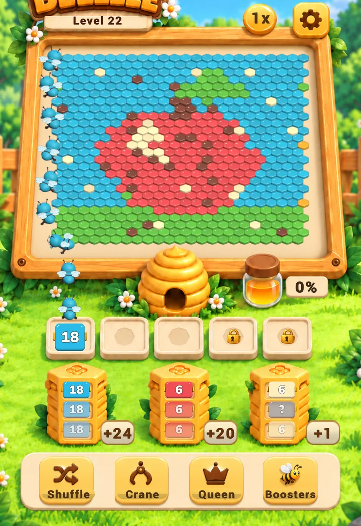 The Beezzle board: a picture made of hexagonal tiles, five waiting slots and three queues of numbered boxes
