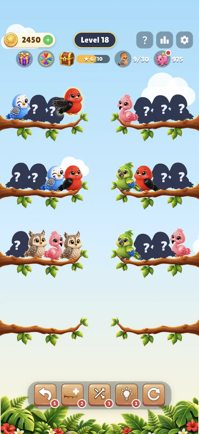 Flock Pop gameplay: colourful birds on branches, some hiding in the shadow