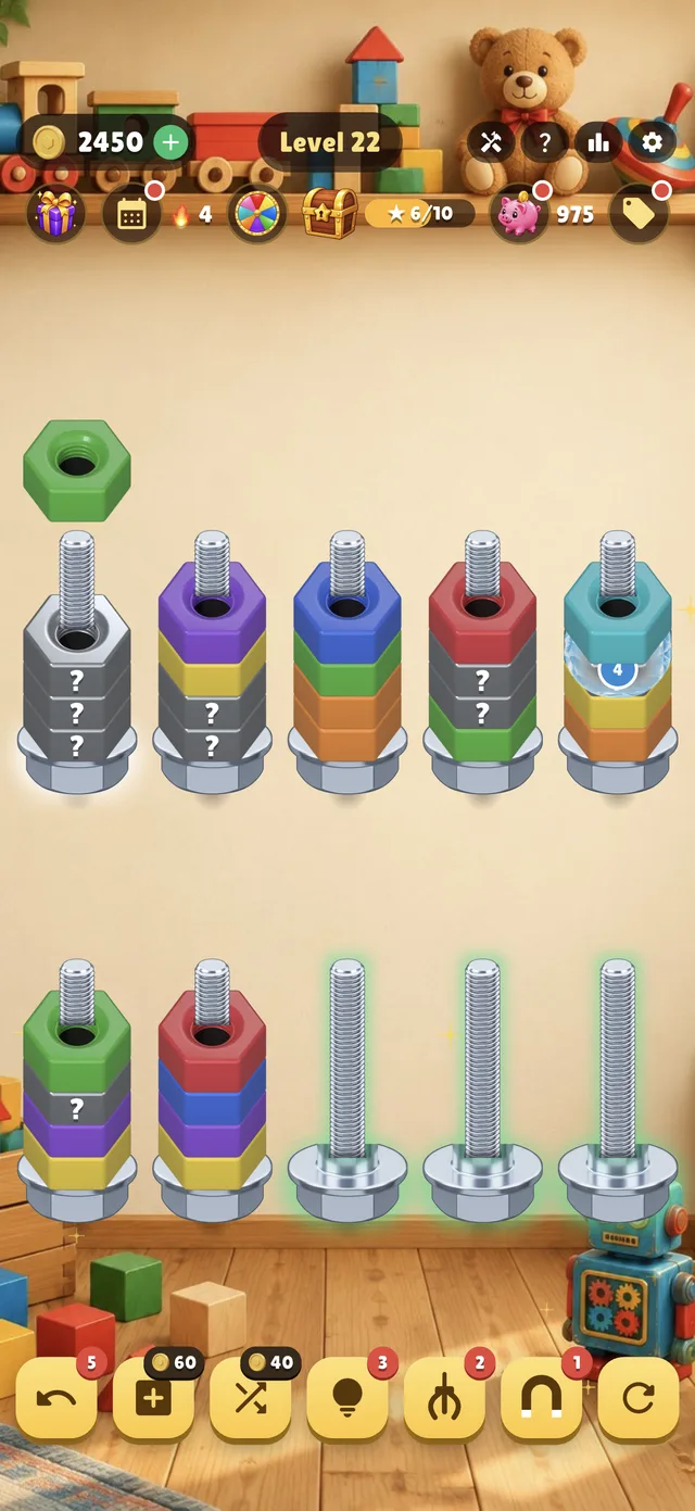 Nut Pop gameplay: nuts lifted off a bolt, ready to drop
